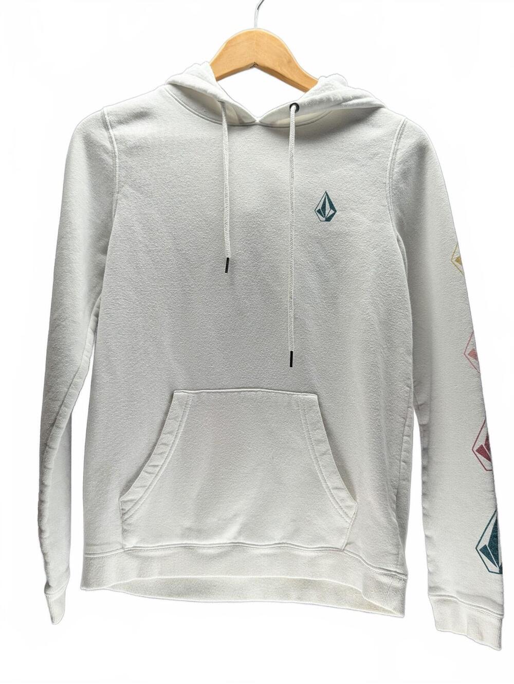 Volcom White Hoodie Sweatshirt with Colorful Sleeve Logos